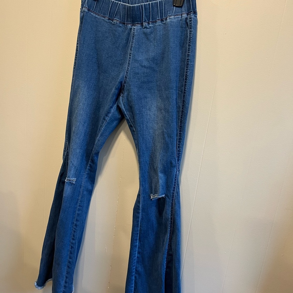 Blue Flare Wide Leg Jeans with Split Hem and Contrast Panels